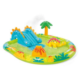Basics Piscina Hinchable Infantil con Tobogán Acuático, Dinosaurio y Palmera, Forma de Dino, 191 x 152 x 58 cm