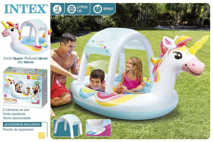 Intex Piscina Hinchable Unicornio con Ducha y Techo (130L, +2 Años) 254x132x109 cm