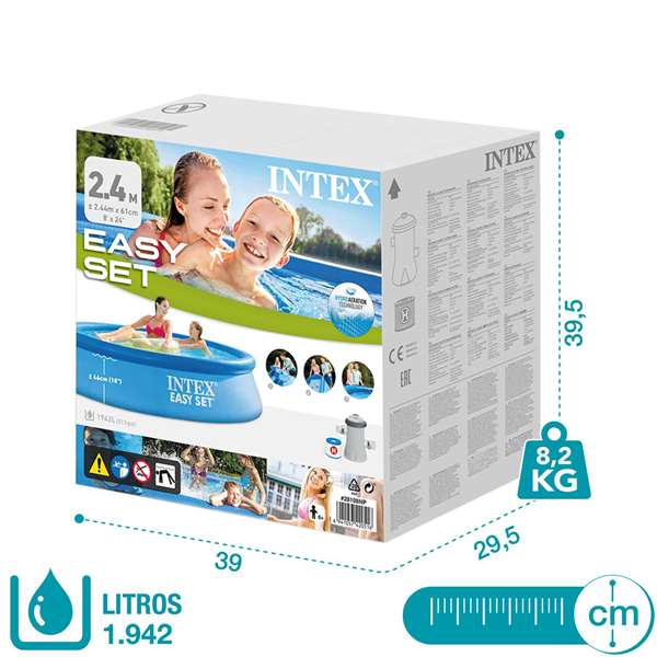 Intex Piscina Hinchable Redonda Easy Set con Filtro y Depuradora, 244 x 61 cm, Capacidad 1942 Litros