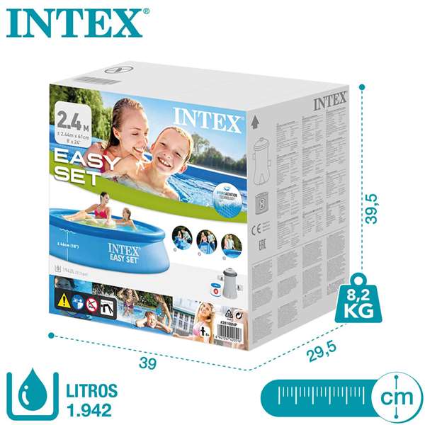 Intex Piscina Hinchable Redonda Easy Set con Filtro y Depuradora, 244 x 61 cm, Capacidad 1942 Litros