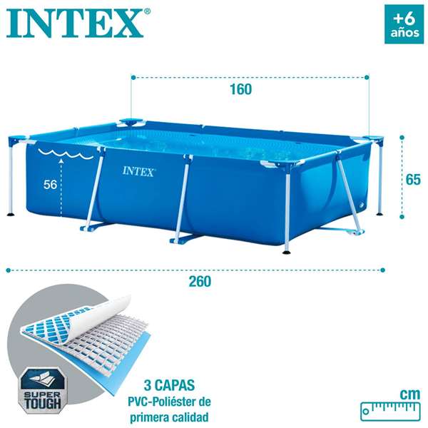 Intex Piscina Rectangular Desmontable 260x160x65 cm Capacidad 2282 Litros +6 Años