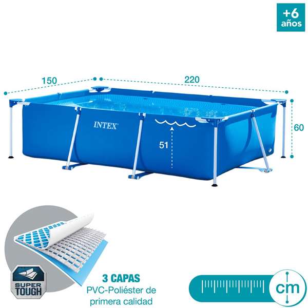 Intex Piscina Rectangular Desmontable 220x150x60 cm Capacidad 1662 Litros +6 Años