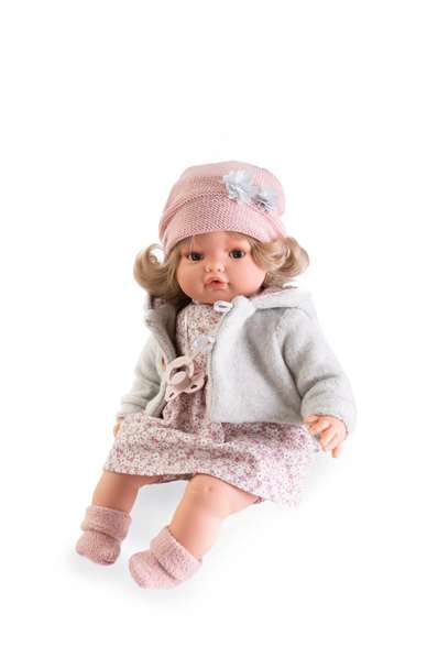 Antonio Juan Beni Lagrimitas - Muñeca de 42 cm con abrigo de invierno, emite sonidos y habla 10 idiomas (español, francés, alemán, etc.)