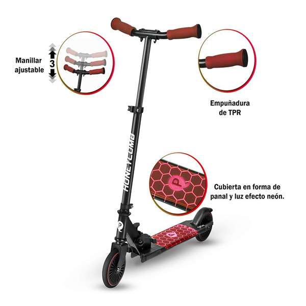 Ociotrends Patinete 2 Ruedas con Luces LED en Plataforma y Rueda, Rojo