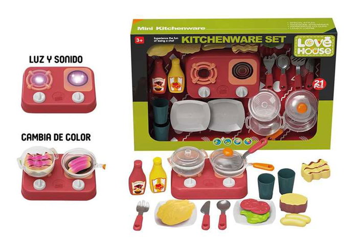 Menaje con hornillo y accesorios, con luces y sonidos, los alimetos cambian de color 47x33.2x6.6cm