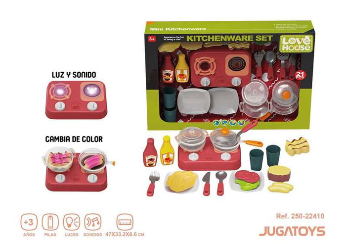 Menaje con hornillo y accesorios, con luces y sonidos, los alimetos cambian de color 47x33.2x6.6cm