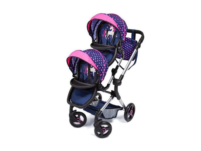 Reig Coche de Muñeca Gemelar Azul con Cubre Canasto 81.50x81x41.50 cm