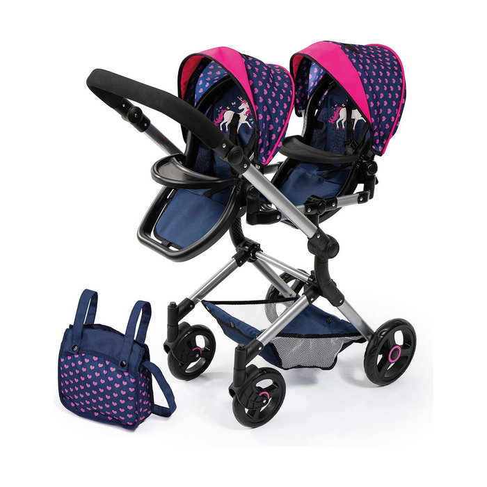 Reig Coche de muñeca Gemelar Azul Con Cubre Canasto