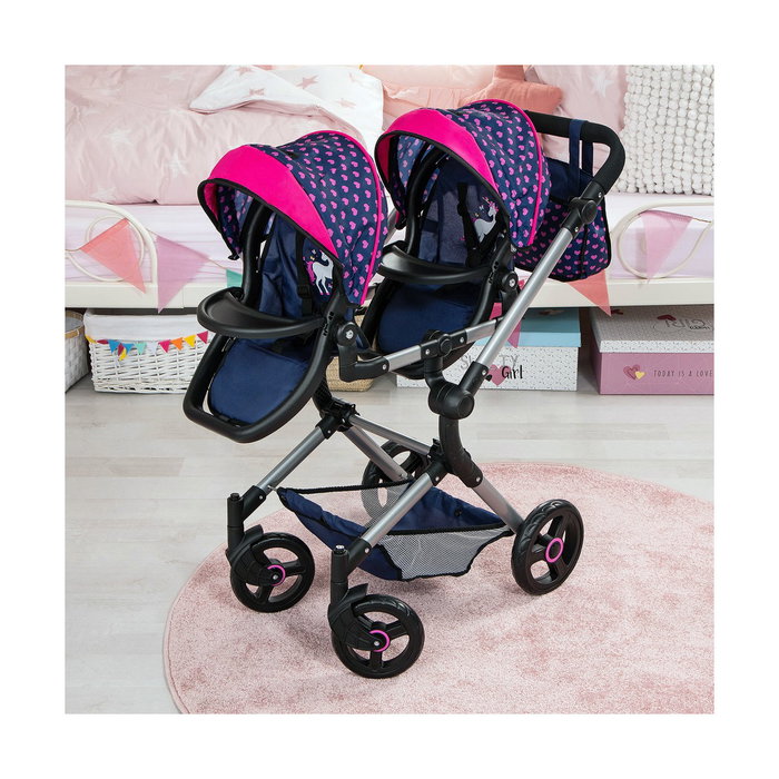 Reig Coche de muñeca Gemelar Azul Con Cubre Canasto