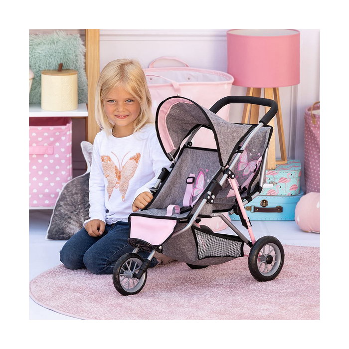 Carrito para Muñecas Reig Jogger Gemelar Gris Rosa Ruedas x 3
