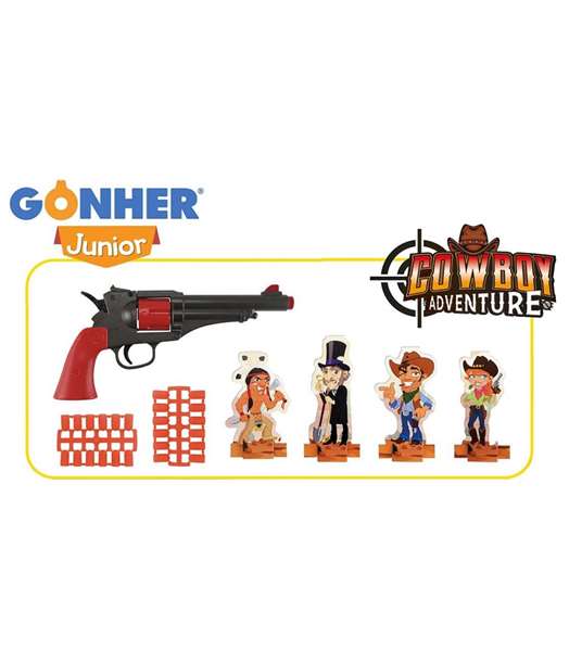 GONHER Pistola Cowboy Shooting con 24 balas blandas y 4 personajes