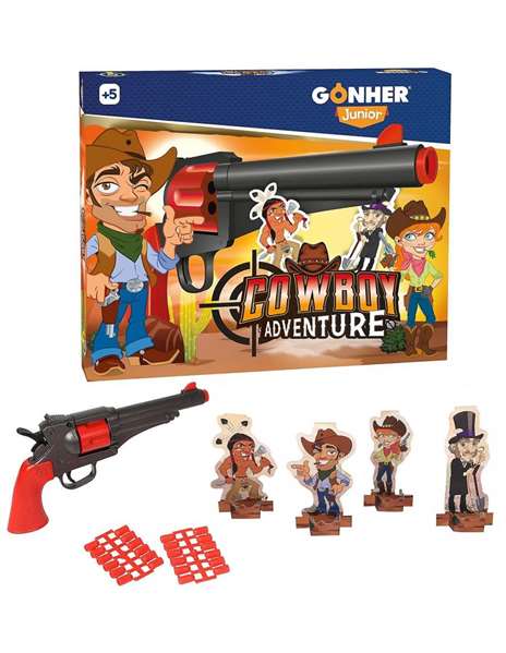 GONHER Pistola Cowboy Shooting con 24 balas blandas y 4 personajes