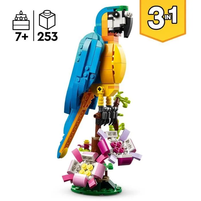 Lego 31136 Loro exótico 3-en-1, figuras de animales de la jungla, con rana y pez