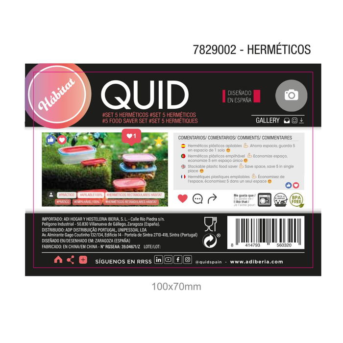 Set 5 Recipientes Rectangulares Plástico Habitat Quid 45 cL - 70 cL - 100 cL -150 cL - 200 cL