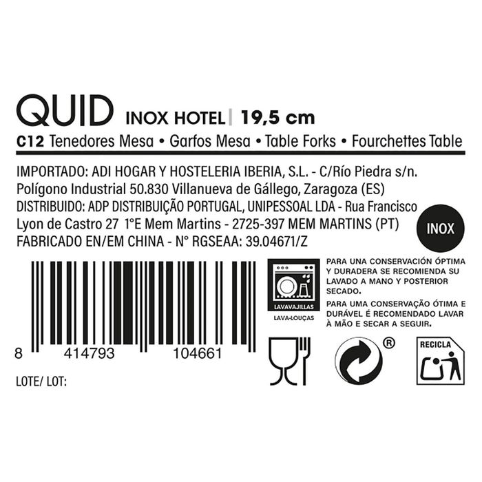 Caja 12 Tenedores Mesa Acero Inox Inox Hotel Quid 19,5 cm-2 mm