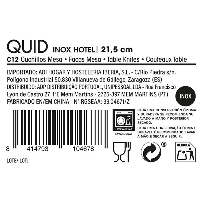Caja 12 Cuchillos Mesa Cuchillo Mesa Inox Hotel Quid 21,4 cm