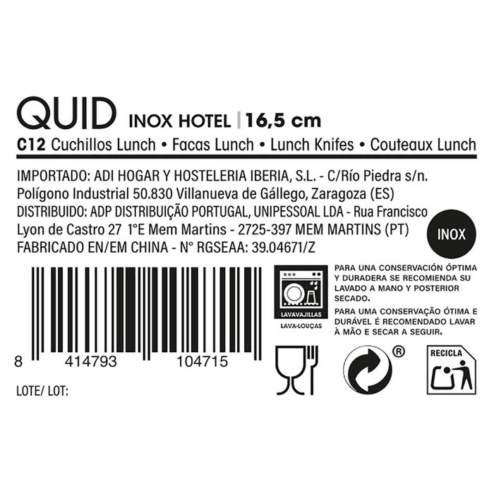 Caja 12 Cuchillos Lunch Acero Inox Inox Hotel Quid 16,5 cm