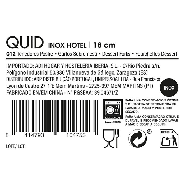 Caja 12 Tenedores Postre Acero Inox Inox Hotel Quid 18 cm-1,5 mm