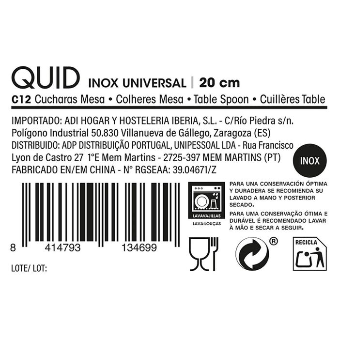 Set 12 Cucharas Mesa Acero Inox Inox Universal Quid 20 cm-1,5 mm Set 12 Cucharas Mesa Acero Inox Inox Universal Quid 20 cm-1,5 mm