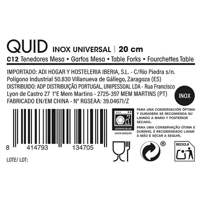 Set 12 Tenedores Mesa Acero Inox Inox Universal Quid 20 cm-1,5 mm