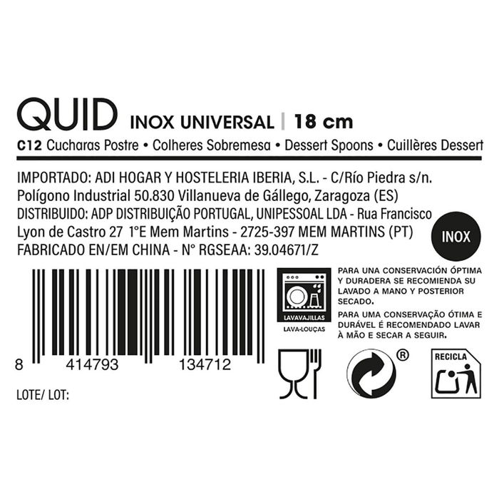 Set 12 Cucharas Postre Acero Inox Inox Universal Quid 18,5 cm -1,2 mm