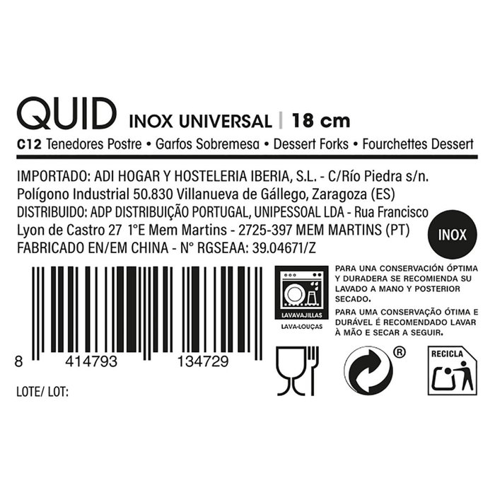 Set 12 Tenedores Postre Acero Inox Inox Universal Quid 18,5 cm -1,2 mm Set 12 Tenedores Postre Acero Inox Inox Universal Quid 18,5 cm -1,2 mm