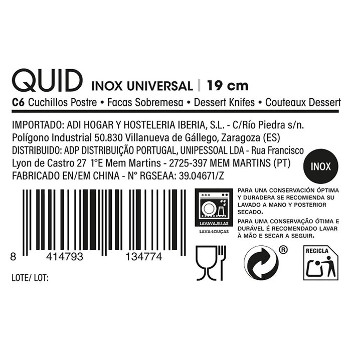 Set 6 Cuchillos Postre Acero Inox Inox Universal Quid 19 cm