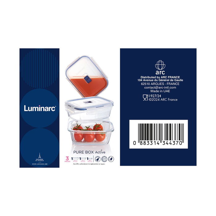 Set 3 Recipientes Rect Hermético Vidrio Pure Box Active Luminarc Set 3 Piezas 38 cL - 82 cL - 122 cL