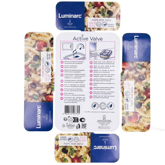 Recipiente Rectangular Hermético Vidrio Pure Box Active Luminarc 19x13x7,3 cm - 122 cL - Cubiertos