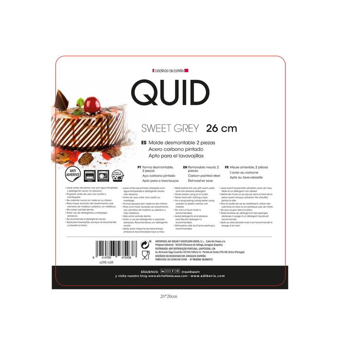 Molde Cuadrado Desmontable Acero Pintado Sweet Grey Quid 26 cm