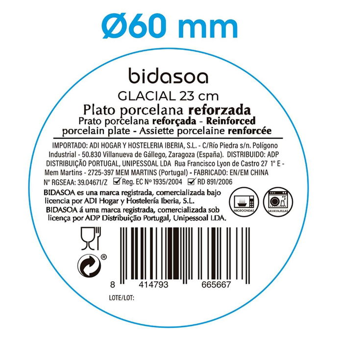 Plato Hondo Porcelana Glacial Ala Estrch Bidasoa 23 cm (6 Unidades)