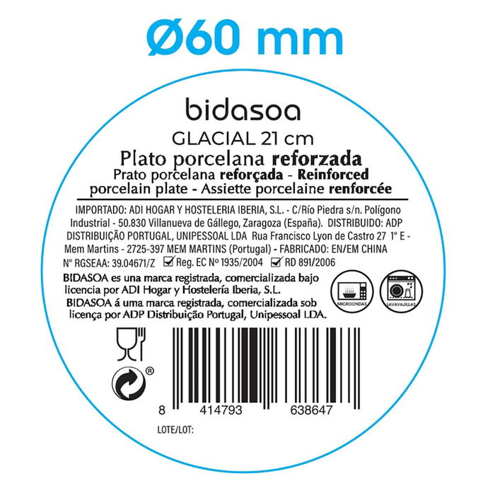 Plato Llano Porcelana Glacial Coupe Bidasoa 21 cm (6 Unidades)