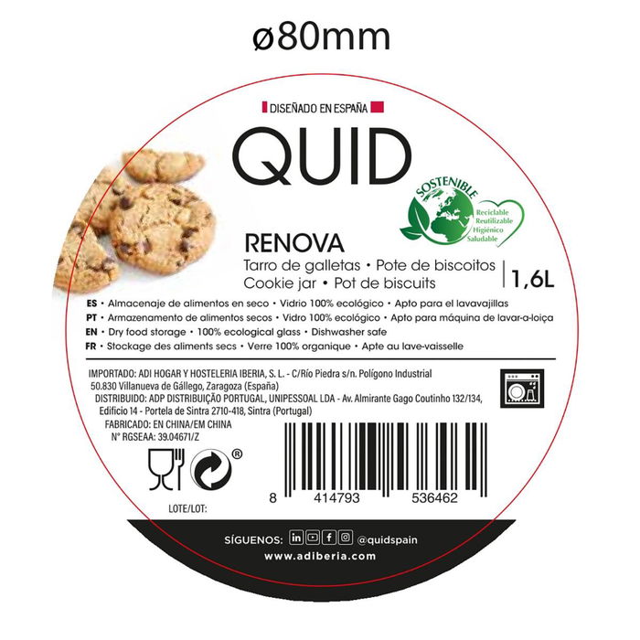 Tarro Vidrio Tape Metal Renova Quid 1,6 L