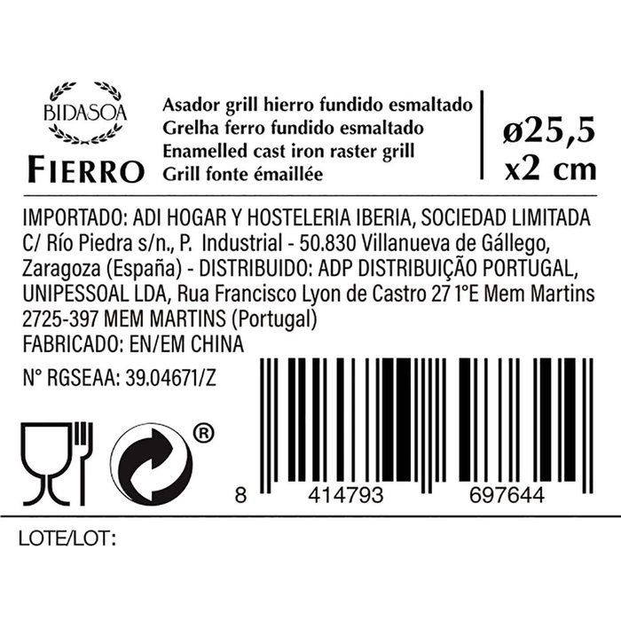 Bidasoa Asador Redondo Fierro Esmaltado 25 cm Rojo