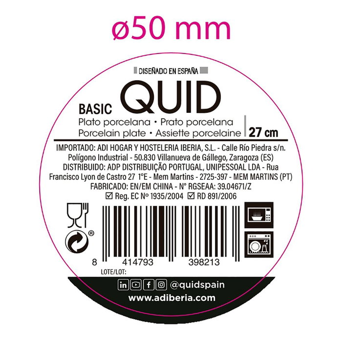 Plato Llano Porcelana Basic Quid 27 cm (12 Unidades)