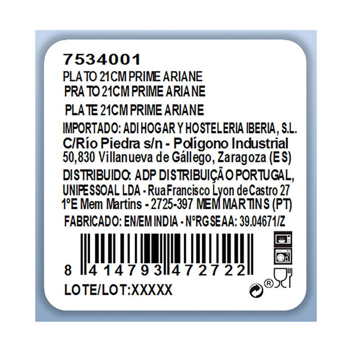 Plato Llano Porcelana Prime Ariane 21 cm (12 Unidades)