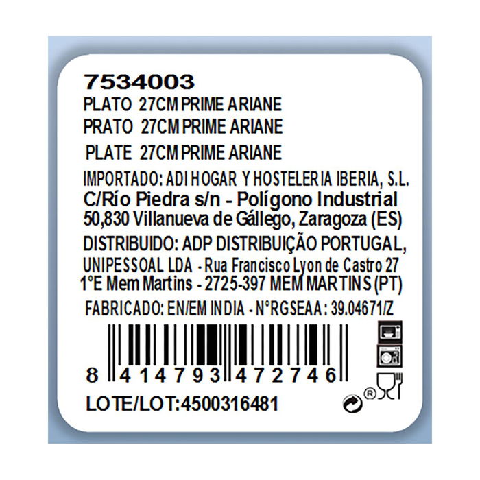 Plato Llano Porcelana Prime Ariane 27 cm (12 Unidades)