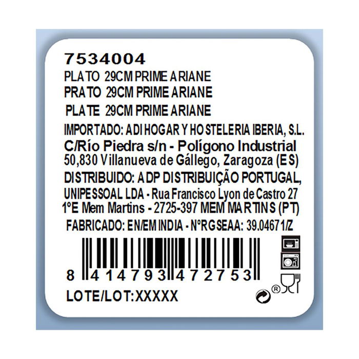 Plato Llano Porcelana Prime Ariane 29 cm (6 Unidades)