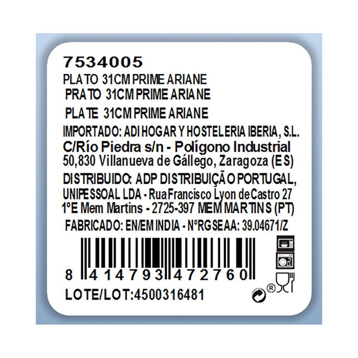 Plato Llano Porcelana Prime Ariane 31 cm (6 Unidades)