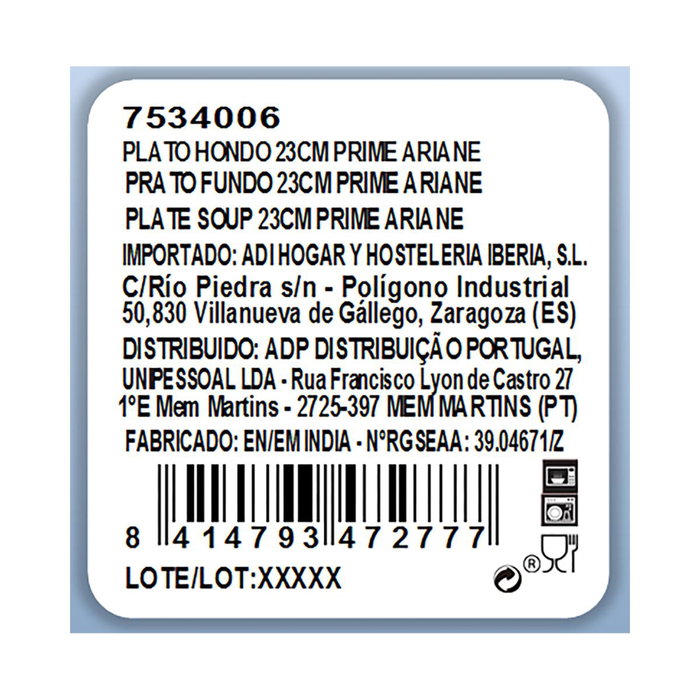 Plato Hondo Porcelana Prime Ariane 23 cm (12 Unidades)