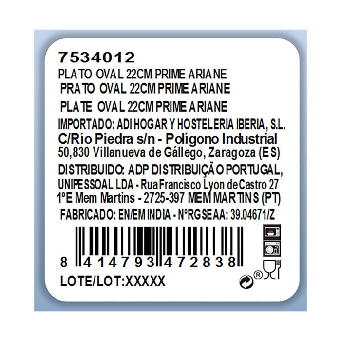 Plato Oval Porcelana Prime Ariane 22x20 cm (12 Unidades)