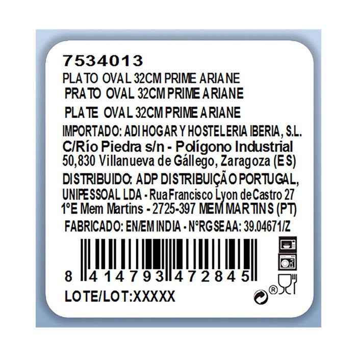 Plato Oval Porcelana Prime Ariane 32x25 cm (6 Unidades)