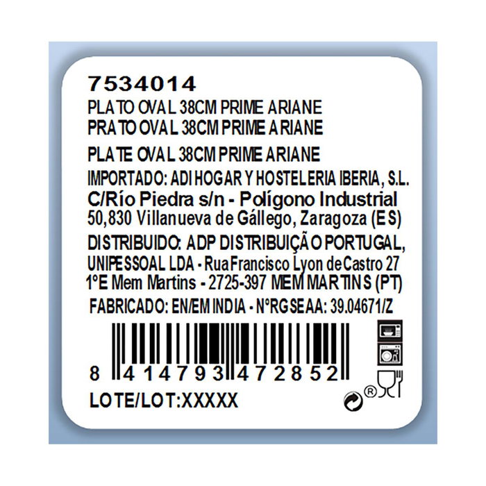 Plato Oval Porcelana Prime Ariane 38x25 cm (6 Unidades)