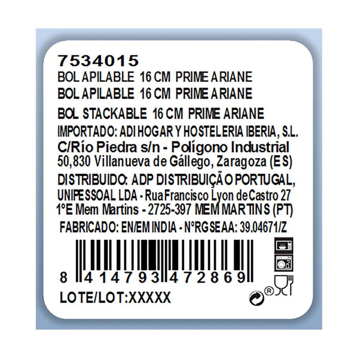 Bol Porcelana Prime Ariane 16 cm (8 Unidades)