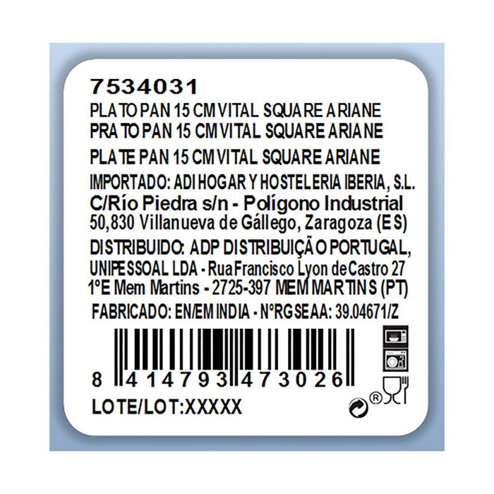 Plato Pan Porcelana Ala Elevada Vital Square Ariane 15 cm (12 Unidades)