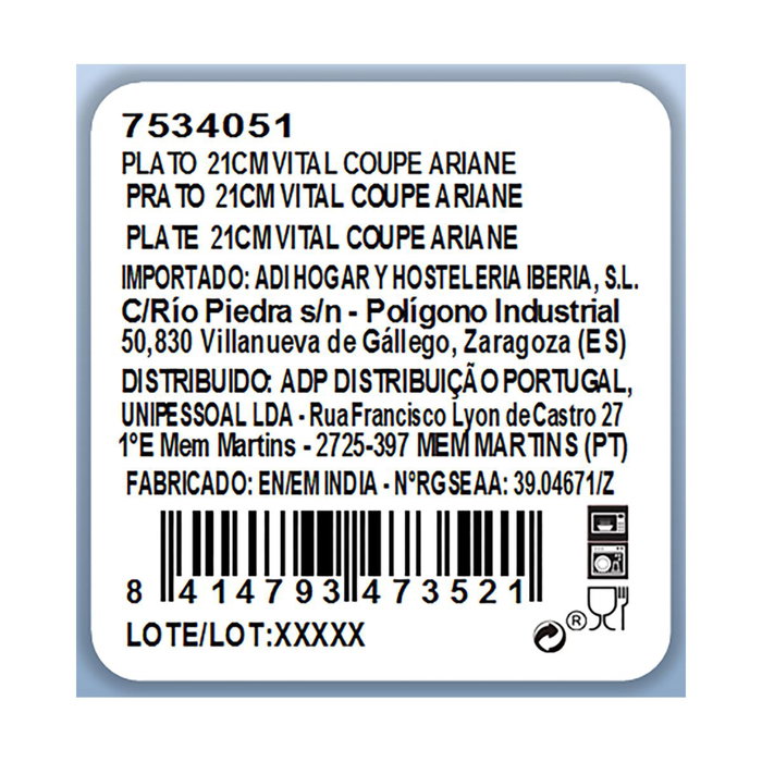 Plato Llano Porcelana Vital Coupe Ariane 21 cm (12 Unidades)