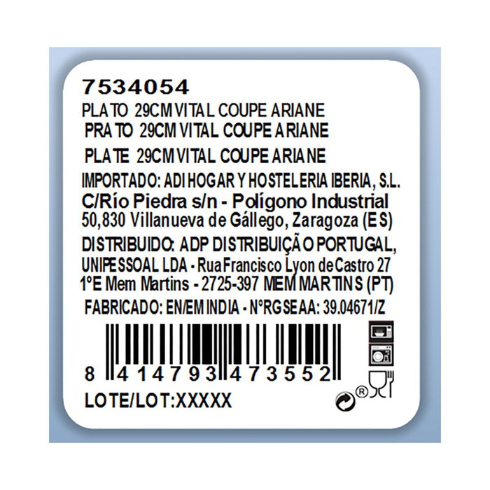 Plato Llano Porcelana Vital Coupe Ariane 29 cm (6 Unidades)