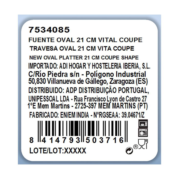 Fuente Oval Porcelana Vital Coupe Ariane 21 cm (12 Unidades) Fuente Oval Porcelana Vital Coupe Ariane 21 cm (12 Unidades)