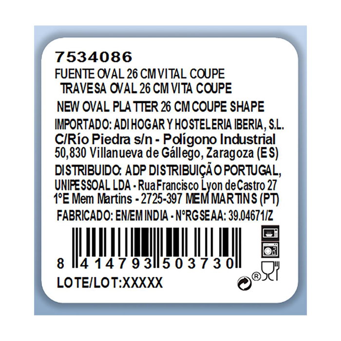 Fuente Oval Porcelana Vital Coupe Ariane 26 cm (12 Unidades)