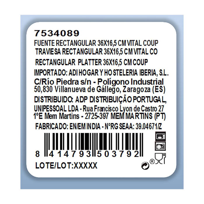 Fuente Rectangular Porcelana Vital Coupe Ariane 36x16,5 cm (6 Unidades) Fuente Rectangular Porcelana Vital Coupe Ariane 36x16,5 cm (6 Unidades)